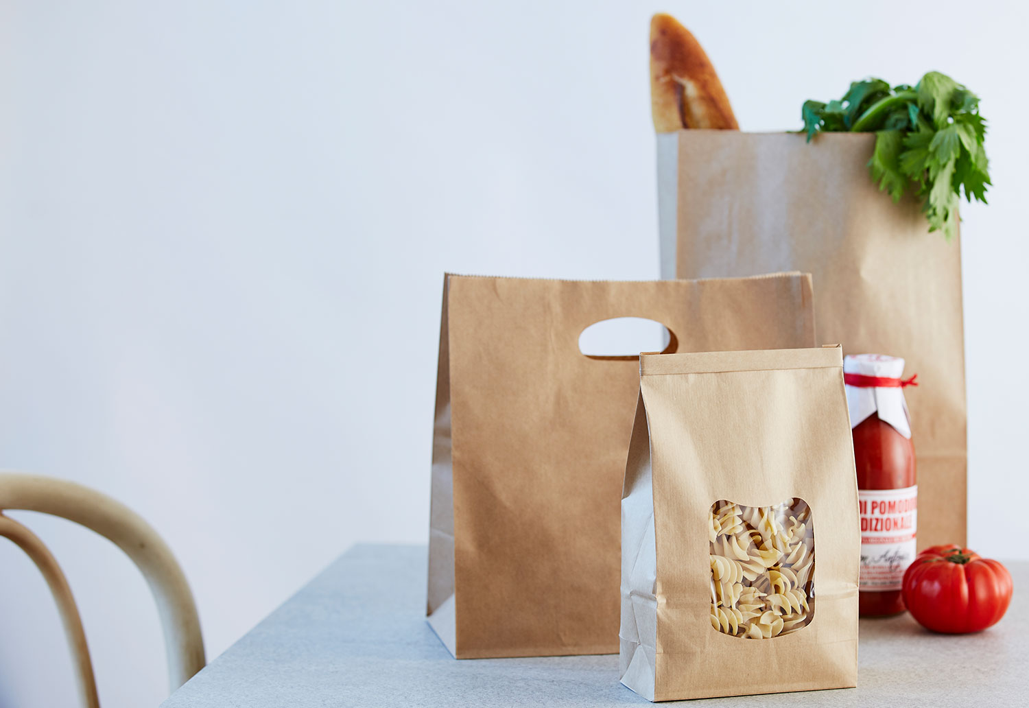 Pasta packed in a recyclable paper bag