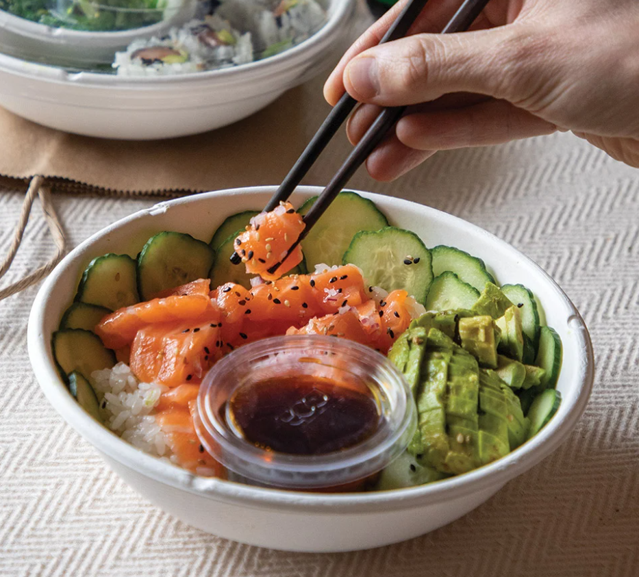 Eco-Products sugarcane bowl filled with a sushi salad.